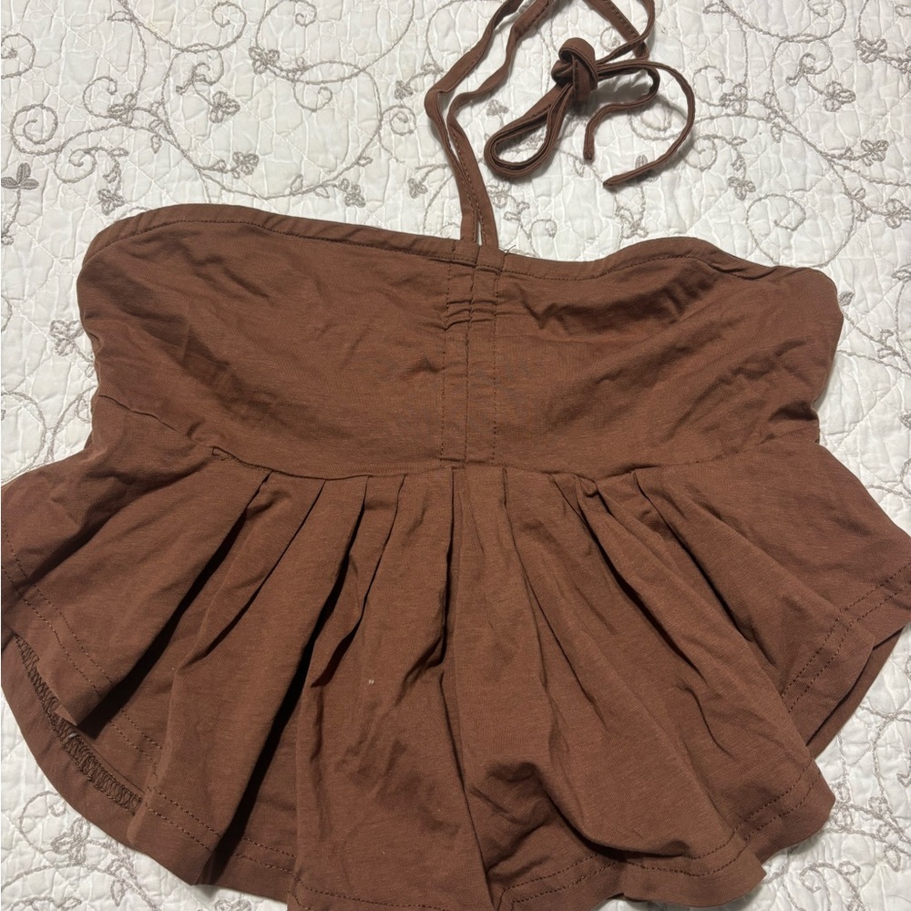 Brown Halter Pleated Tank Top